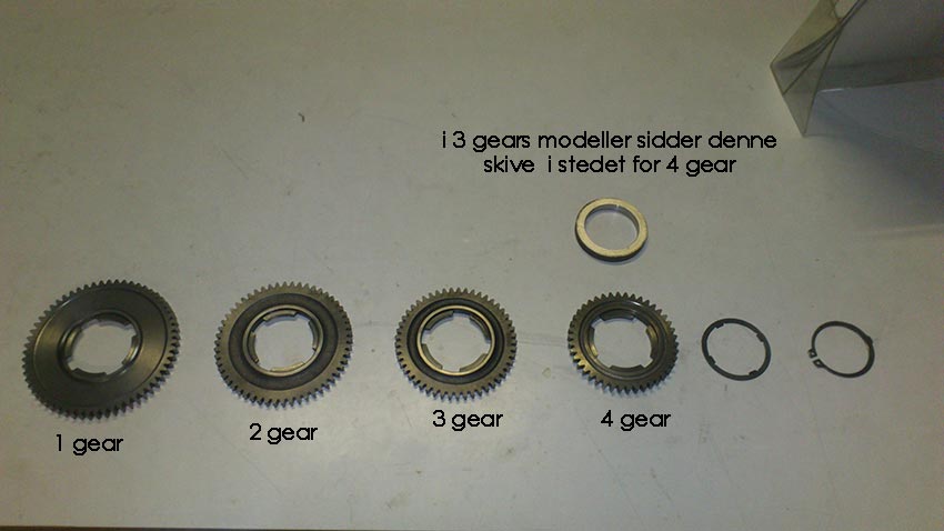 Tandhjul og shims i gearkasse Ape 50