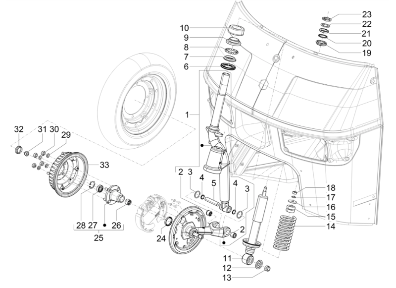 Splittegning Forgaffel og Støddæmper Ape 50 E4