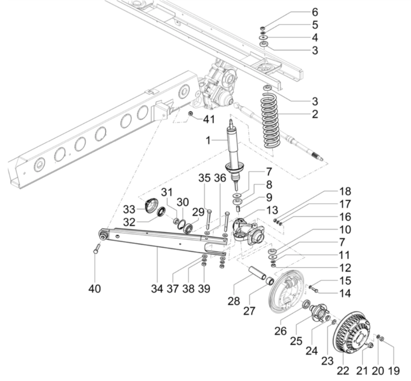 Splittegning Hjulophæng og Støddæmper Ape 50